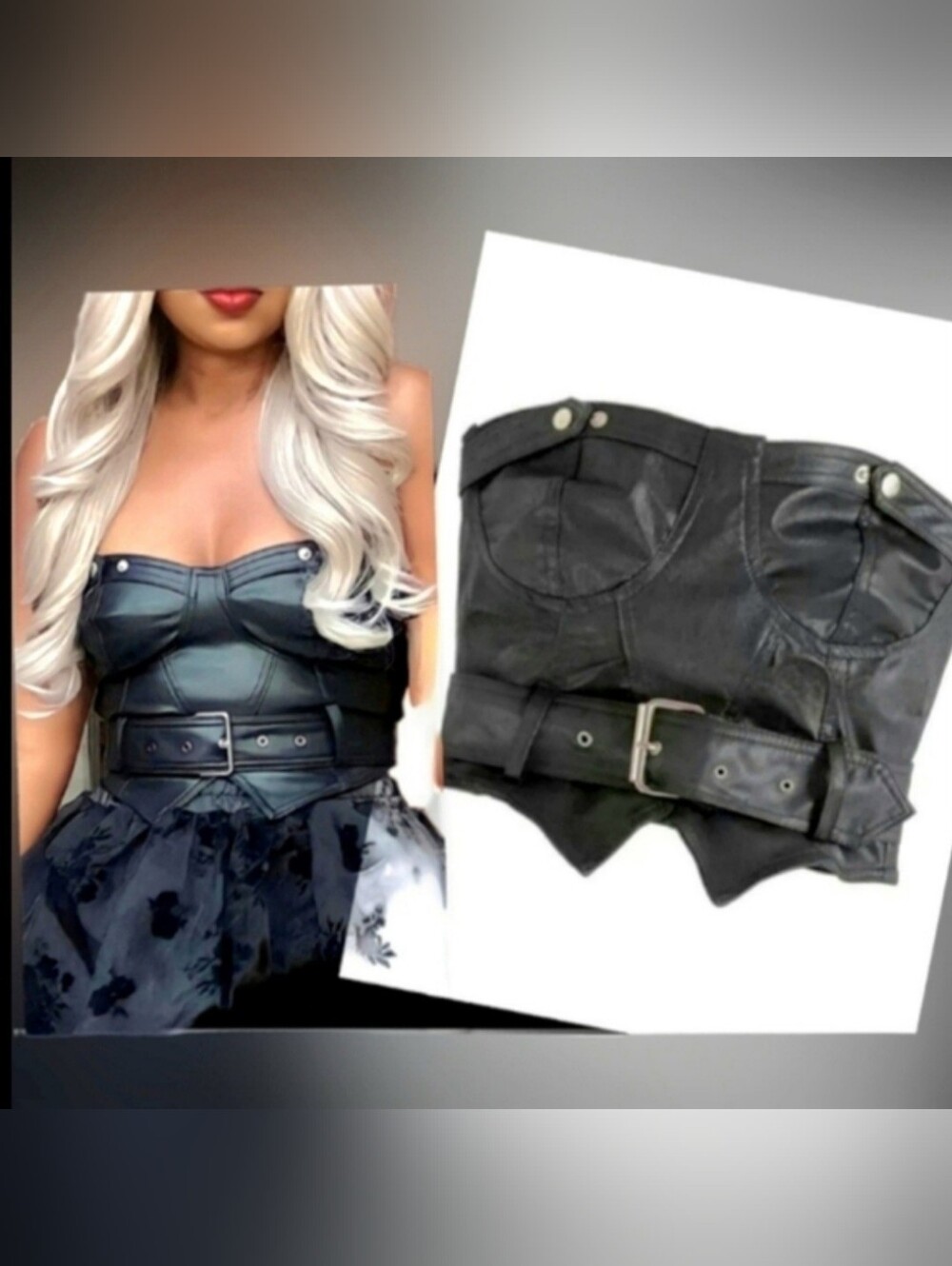Haute monde blk faux leather bandeau bustier snap details belted corset XL